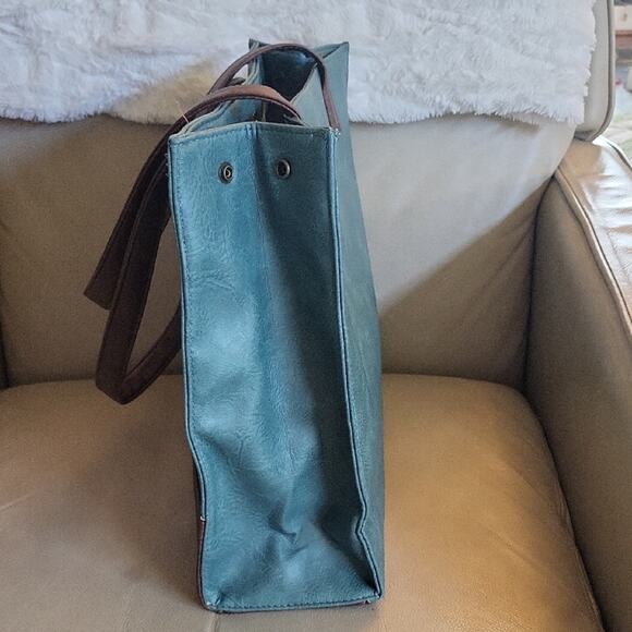 Classic Teal and Brown Tote Bag with Brown Faux Leather Accents - Picture 10 of 13